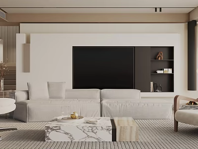 Modern Living Room Interior With Large TV Wall Beige Sofa And Marble Coffee Table 3d model