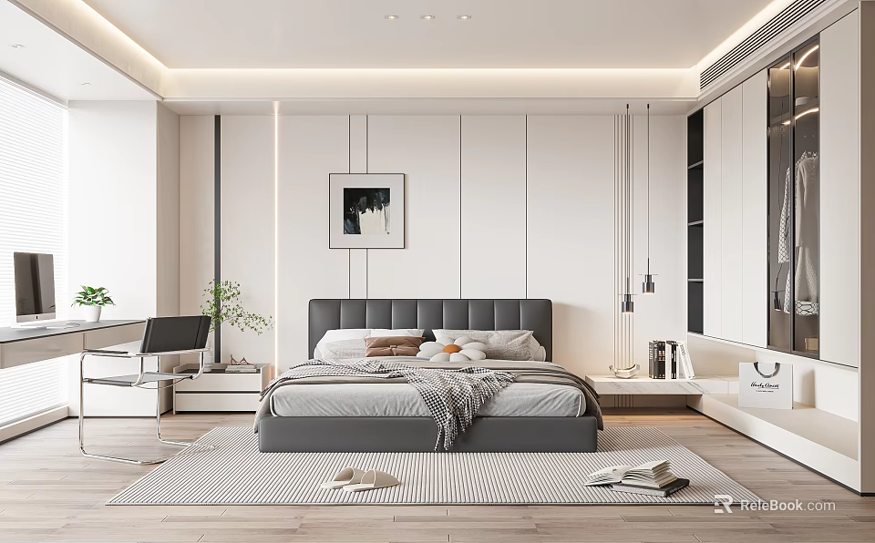 Modern Minimalist Bedroom Interior With Gray Headboard Decorative Painting Desk Green Plant And Rug 3d model 