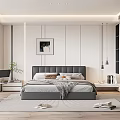 Modern Minimalist Bedroom Interior With Gray Headboard Decorative Painting Desk Green Plant And Rug