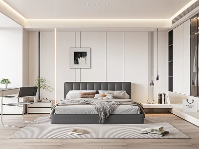 Modern Minimalist Bedroom Interior With Gray Headboard Decorative Painting Desk Green Plant And Rug 3d model