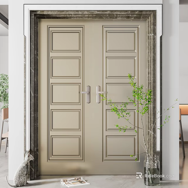 Light Beige Double Doors With Decorative Frame In Home Entrance And Green Plant 3d model 