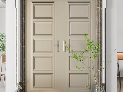 Light Beige Double Doors With Decorative Frame In Home Entrance And Green Plant 3d model