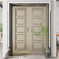 Light Beige Double Doors With Decorative Frame In Home Entrance And Green Plant
