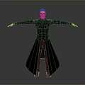 Person In Black Tight Clothing With Long Cape And Sunglasses Arms Outstretched Gray Background