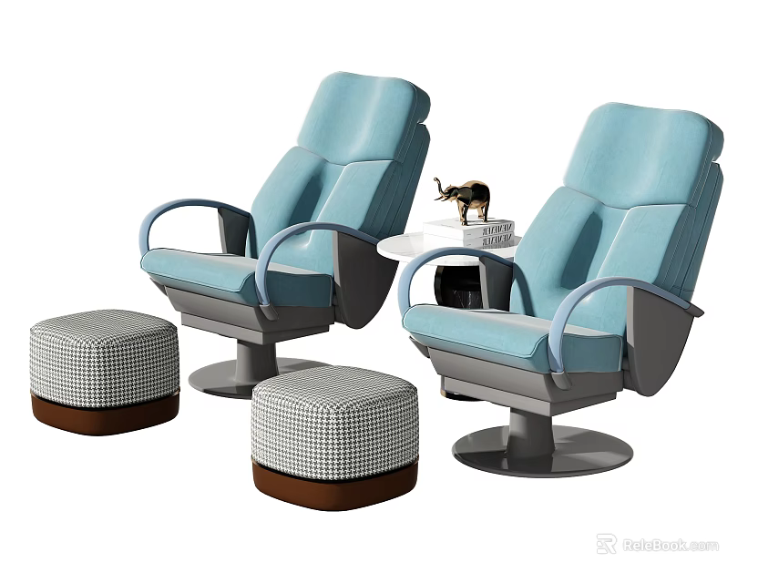 Blue Modern Single Seater Sofa With Checkered Ottomans And Round Side Table 3d model