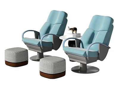 Blue Modern Single Seater Sofa With Checkered Ottomans And Round Side Table 3d model