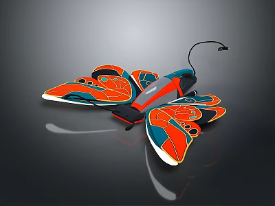 Butterfly Shaped Toy Featuring Orange Blue Black Wings And Connected Wire Design 3d model