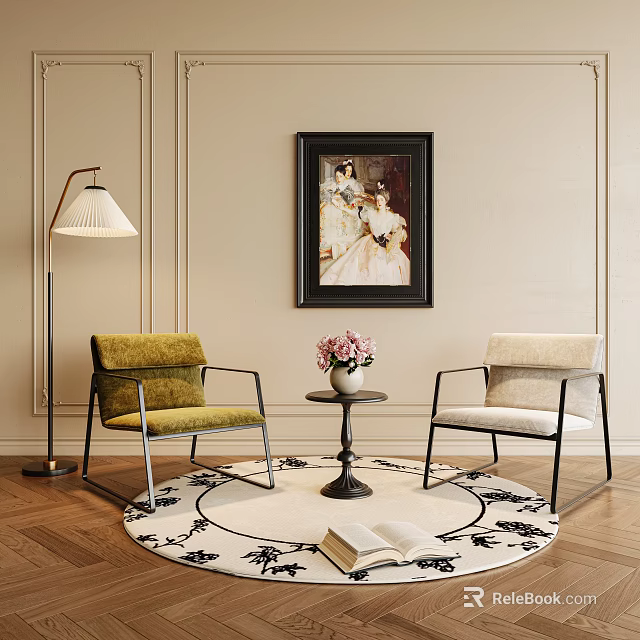 Green and Beige Leisure Chairs with Side Table Flower Vase Floor Lamp and Wall Painting 3d model 
