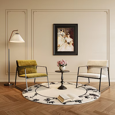 Green and Beige Leisure Chairs with Side Table Flower Vase Floor Lamp and Wall Painting 3d model