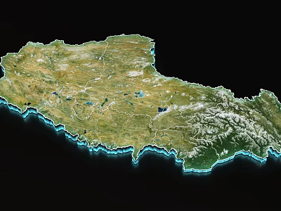 Satellite View Of Geographical Region With Mountains Water Bodies And Green Plains 3d model
