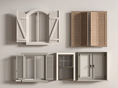 Different Styles of Casement Windows with White and Wooden Shutters for Interior Design 3d model