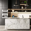Modern Black Kitchen With Marble Island Hanging Lights And Bar Stools