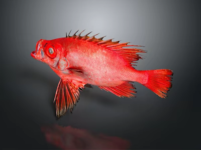 Vibrant Red Fish With Spiky Fins Prominent Eyes On Dark Reflective Background 3d model
