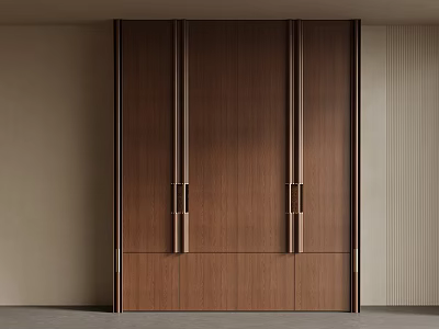 Luxury Walnut Wood Wardrobe With Sleek Long Metal Handles For Modern Bedroom Home Interior 3d model
