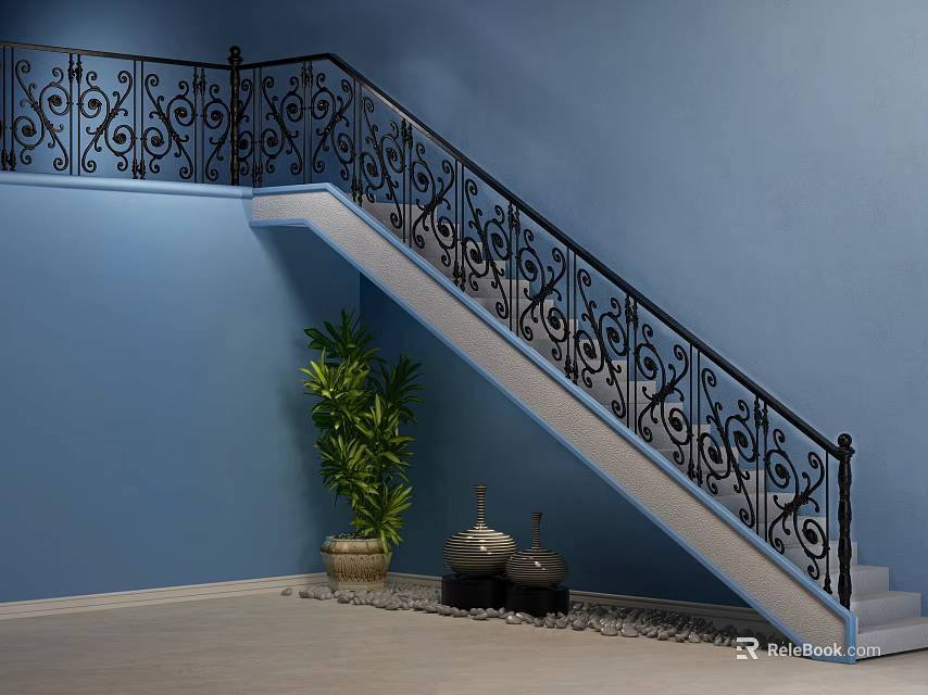 Ornate Staircase With Black Iron Railings Blue Wall Green Plant Black Vases And Pebble Decor 3d model 