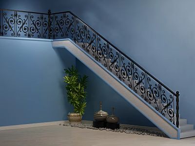 Ornate Staircase With Black Iron Railings Blue Wall Green Plant Black Vases And Pebble Decor 3d model