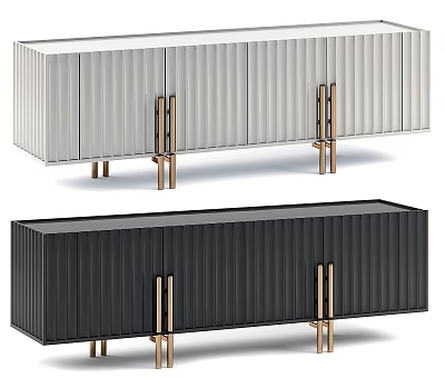 White and Black Vertical Striped TV Stand with Gold Metal Legs and Handles 3d model