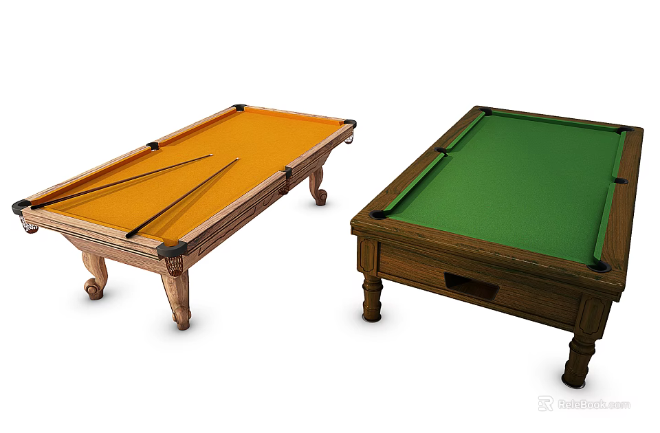 Quality Wooden Billiard Tables As Sporting Equipment With Orange Green Tabletops And Frames 3d model 