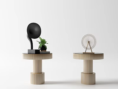 Modern Circular Side Tables with Striped Wooden Bases Black Decor Plant and Ferris Wheel Ornament 3d model