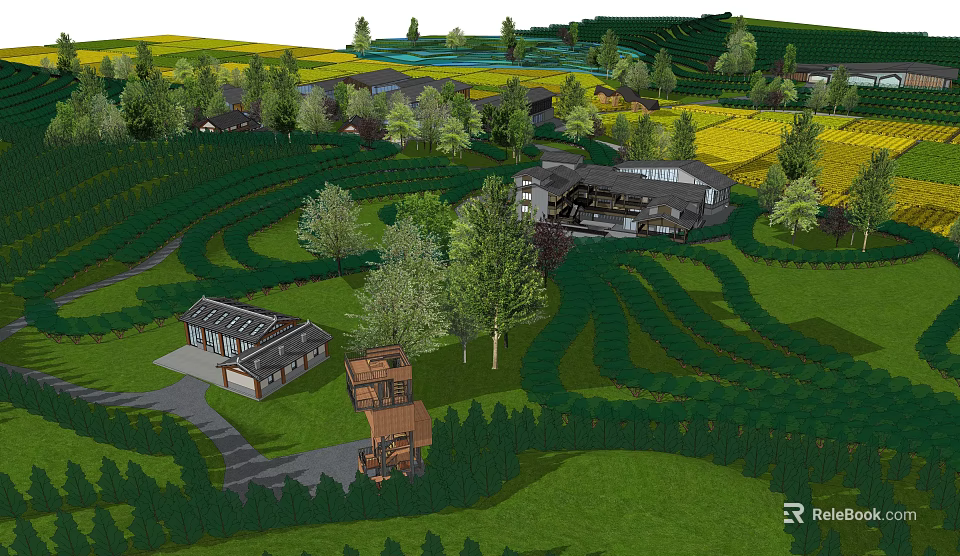 Scenic Rural Landscape With Rolling Green Fields Trees And Country Houses 3d model 