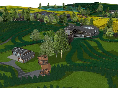 Scenic Rural Landscape With Rolling Green Fields Trees And Country Houses 3d model