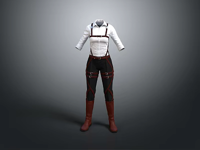 White Shirt With Suspenders And Black Pants Paired With Brown Boots Outfit 3d model