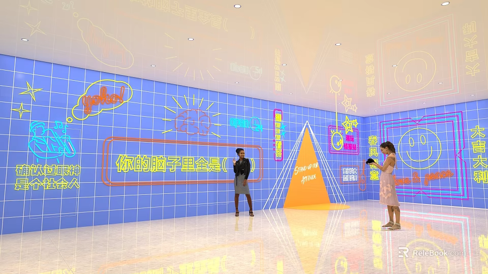 Activity Passage With Colorful Grid Wall Interactive Display And People Engaging In Bright Space 3d model 
