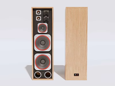 Modern Wooden Tower Speaker With Multiple Red Rimmed Drivers And Sleek Design 3d model