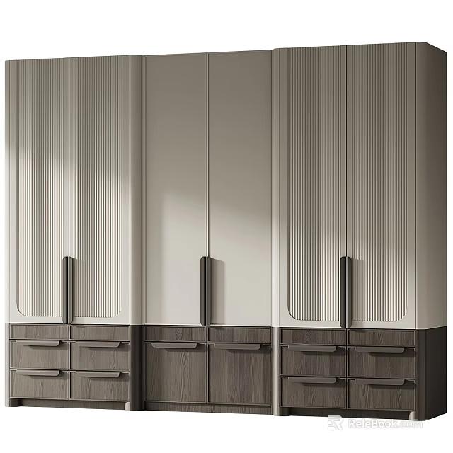 Modern Luxury Fluted Panel Wardrobe With Wood Grain Drawers For Spacious Bedroom Home Storage 3d model 