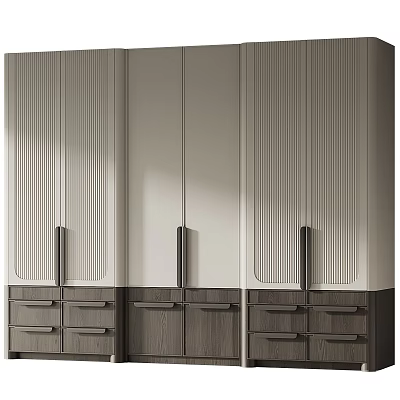 Modern Luxury Fluted Panel Wardrobe With Wood Grain Drawers For Spacious Bedroom Home Storage 3d model
