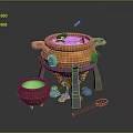 Enchanted Cauldron Setup With Golden Tripod Green Pot Stones And Wooden Spoon