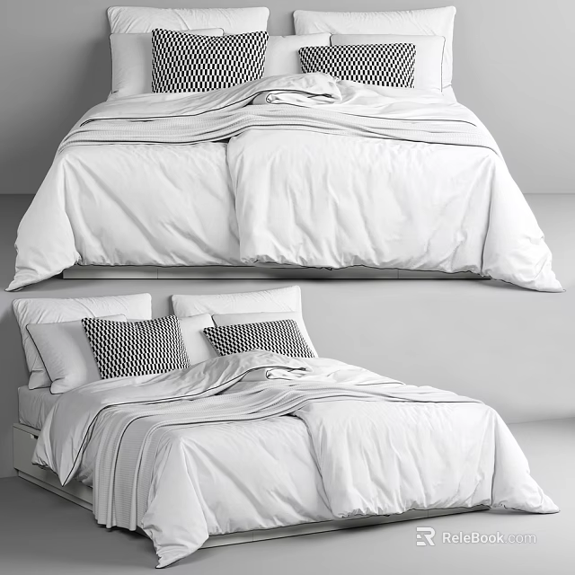 Double Bed with White Bedding and Black White Checkered Pillows Neatly Arranged in Modern Bedroom 3d model 