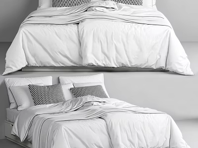 Double Bed with White Bedding and Black White Checkered Pillows Neatly Arranged in Modern Bedroom 3d model