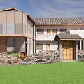 Modern Detached Villa Exterior With Large Glass Windows Sloped Roof Wooden Entrance And Stone Wall