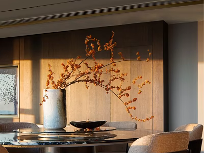 Elegant Modern Restaurant Interior With Round Table Vase Branches Wooden Wall And Natural Sunlight 3d model