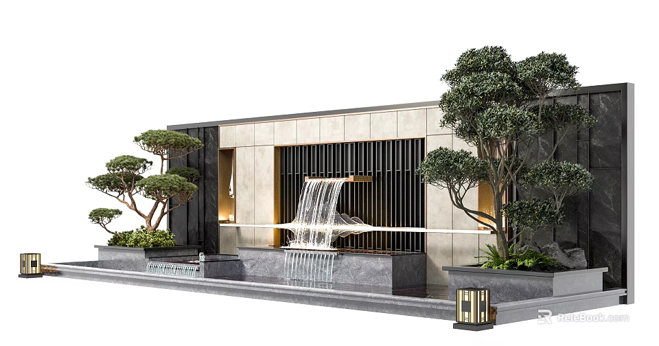 Modern Outdoor Feature Wall Design With Waterfall Stone Cladding And Decorative Trees 3d model 