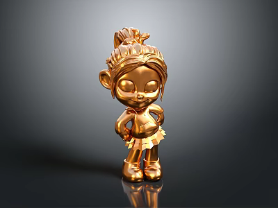 Golden Cartoon Girl Statue With Ponytail Skirt And Shiny Reflective Surface 3d model