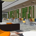 Public Office Space Open Layout With Wooden Ceiling Pendant Lights Green Plants And Bar Counter