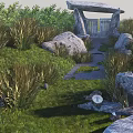 Natural Stone Entrance Gate Surrounded By Green Grass And Stone Path