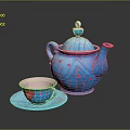 Blue Teapot With Pink Decorations And Matching Teacup Saucer Heart Patterns