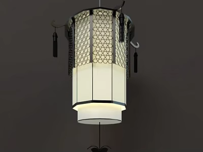 Chinese Traditional Pendant Light With Black Metal Frame Intricate Lattice And White Lampshade 3d model