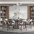 Elegant Chinese Restaurant Interior With Round Table Pendant Lights And Landscape Painting