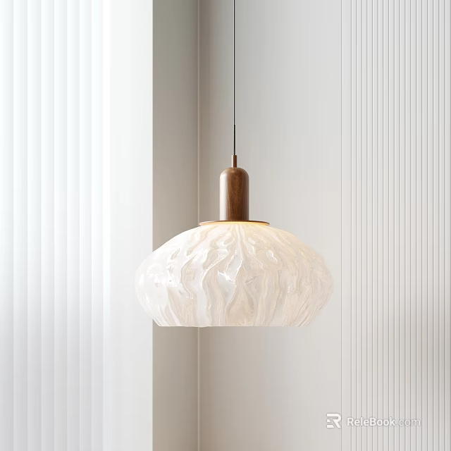 Minimalist Pendant Light With White Ruffled Shade And Wooden Base In Modern Interior With Blinds 3d model 