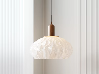 Minimalist Pendant Light With White Ruffled Shade And Wooden Base In Modern Interior With Blinds 3d model