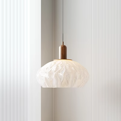 Minimalist Pendant Light With White Ruffled Shade And Wooden Base In Modern Interior With Blinds 3d model