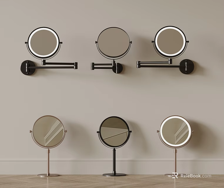Modern Lighted Round Mirrors With Wall Mounted Arms And Tabletop Metal Stands 3d model 