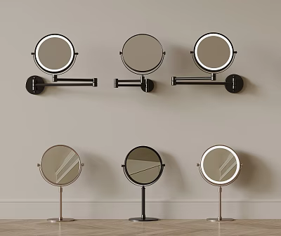 Modern Lighted Round Mirrors With Wall Mounted Arms And Tabletop Metal Stands 3d model