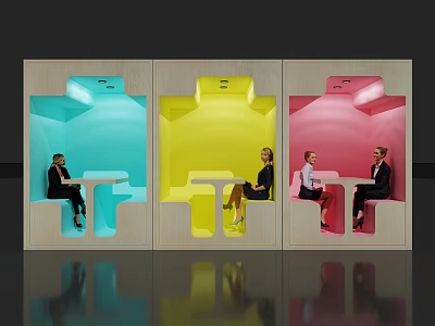 Colorful Modern Work Pods With Seated People And Tables In Blue Yellow Pink 3d model