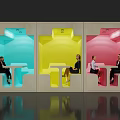 Colorful Modern Work Pods With Seated People And Tables In Blue Yellow Pink