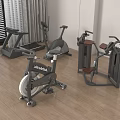 Home Gym Sports Equipment Including Stationary Bike Elliptical Trainer And Strength Machines On Wooden Floor With Window Curtains